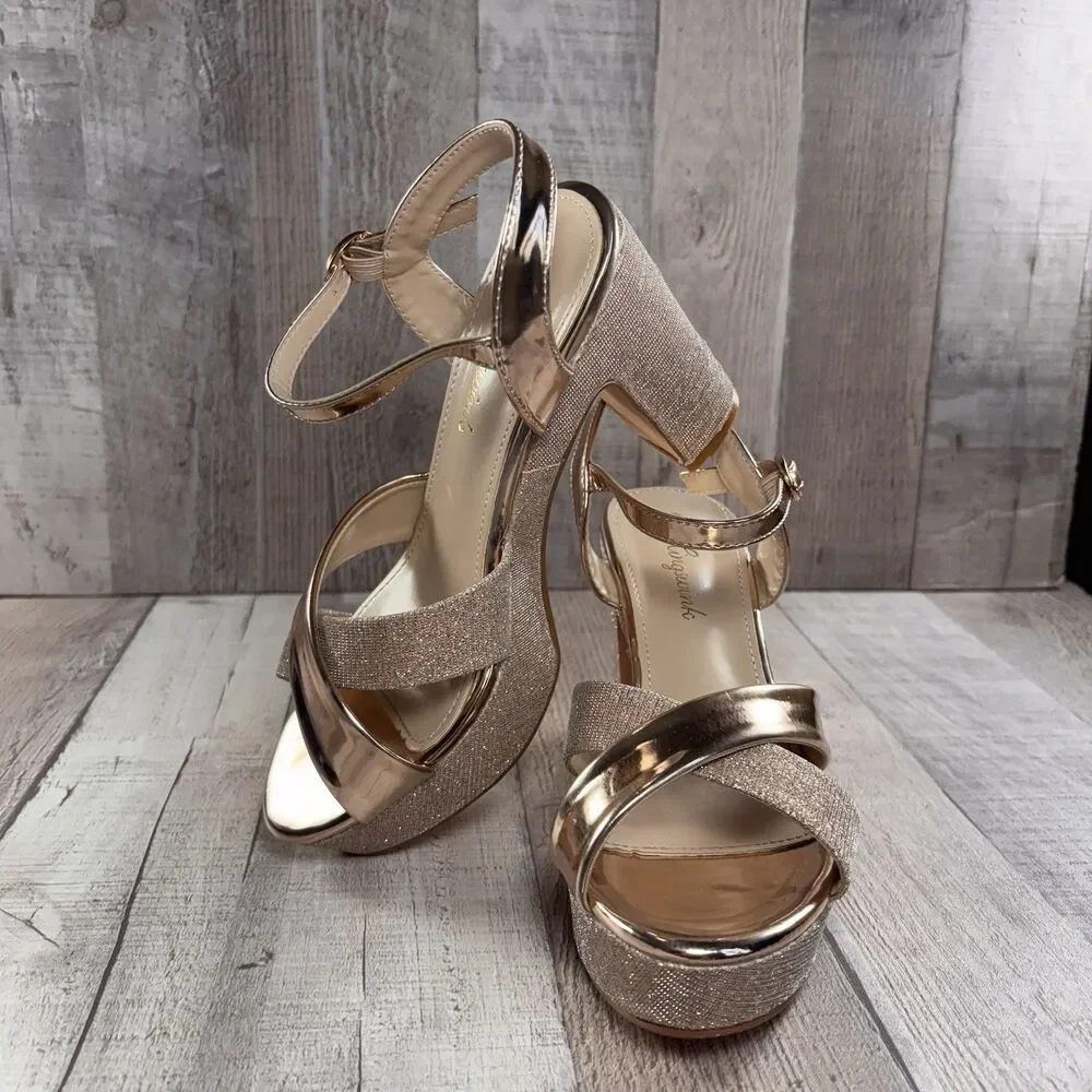 Hingswink Platform Sandals Womens Size 6 Chunky Block Heel Ankle Strap Rose Gold
